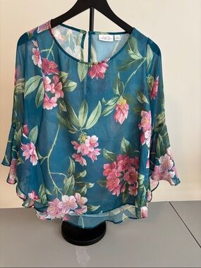 Sweet Pea Teal Floral Chiffon Blouse with Pink Blooms